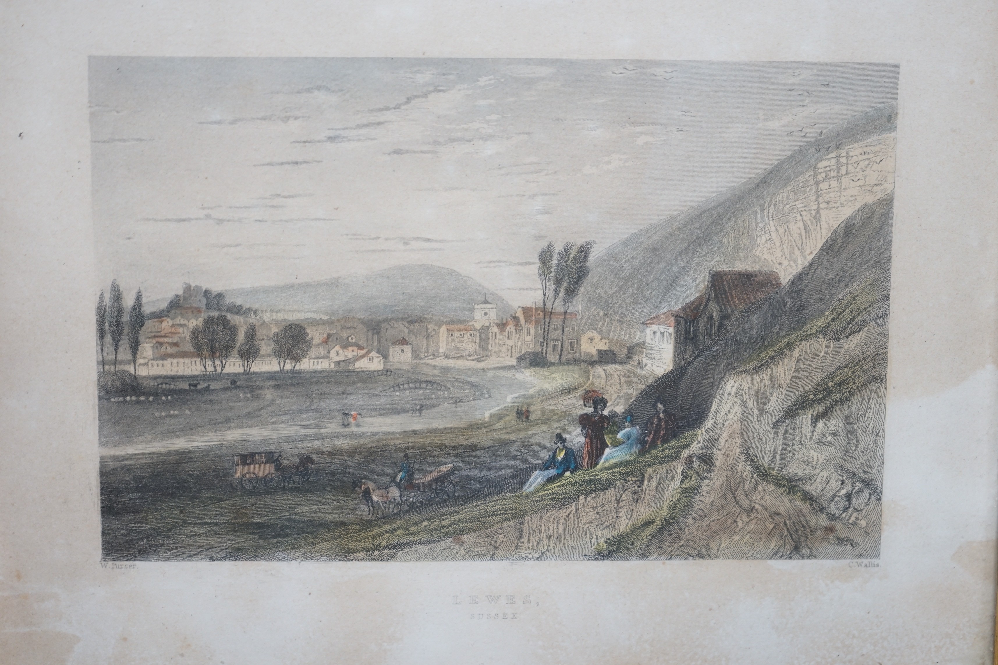 Six assorted 18th / 19th century coloured engraved views of Lewes and environs, largest 18 x 24.5cm